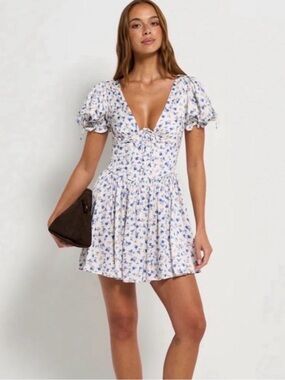 NWT (M/L) For Love & Lemons Paulina dress, blue floral satin, fitted bodice